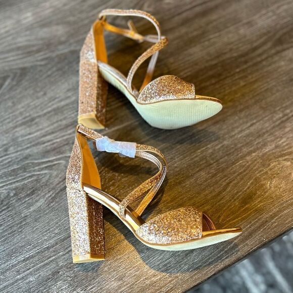 Italina Rose Gold Glitter Strappy Block Sandals - Picture 2 of 9